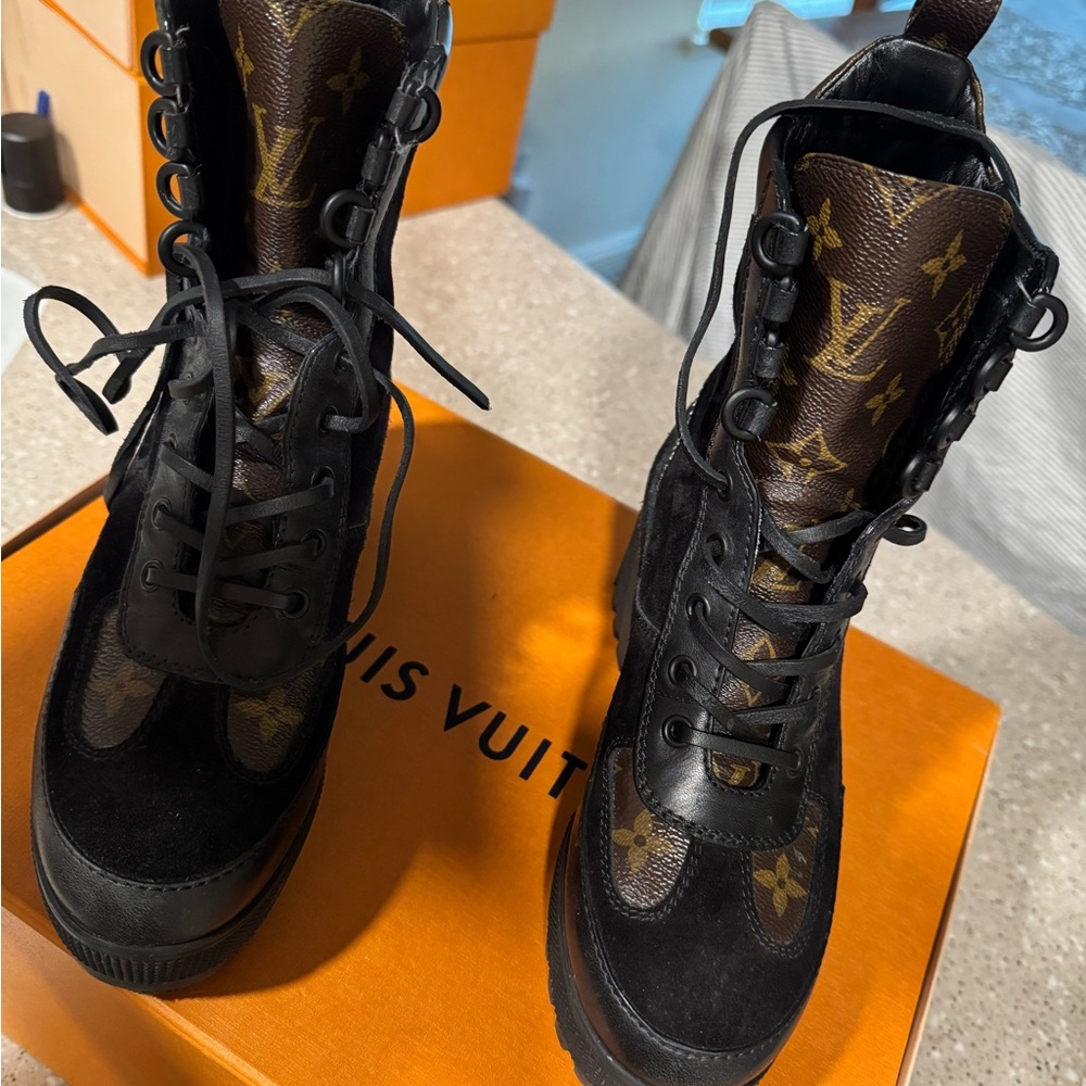 Louis Vuitton Black and Brown Combat Boots with Chunky Sole